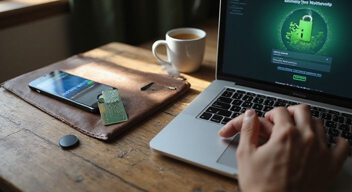 Hyper-realistisch werkruimte met laptop, beveiligingsapparaten en alledaagse rommel.