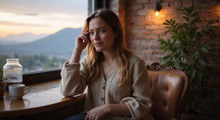 Een vrouw zit in een koffiehuis met een boek en zoekt webcamsex met slanke meiden.